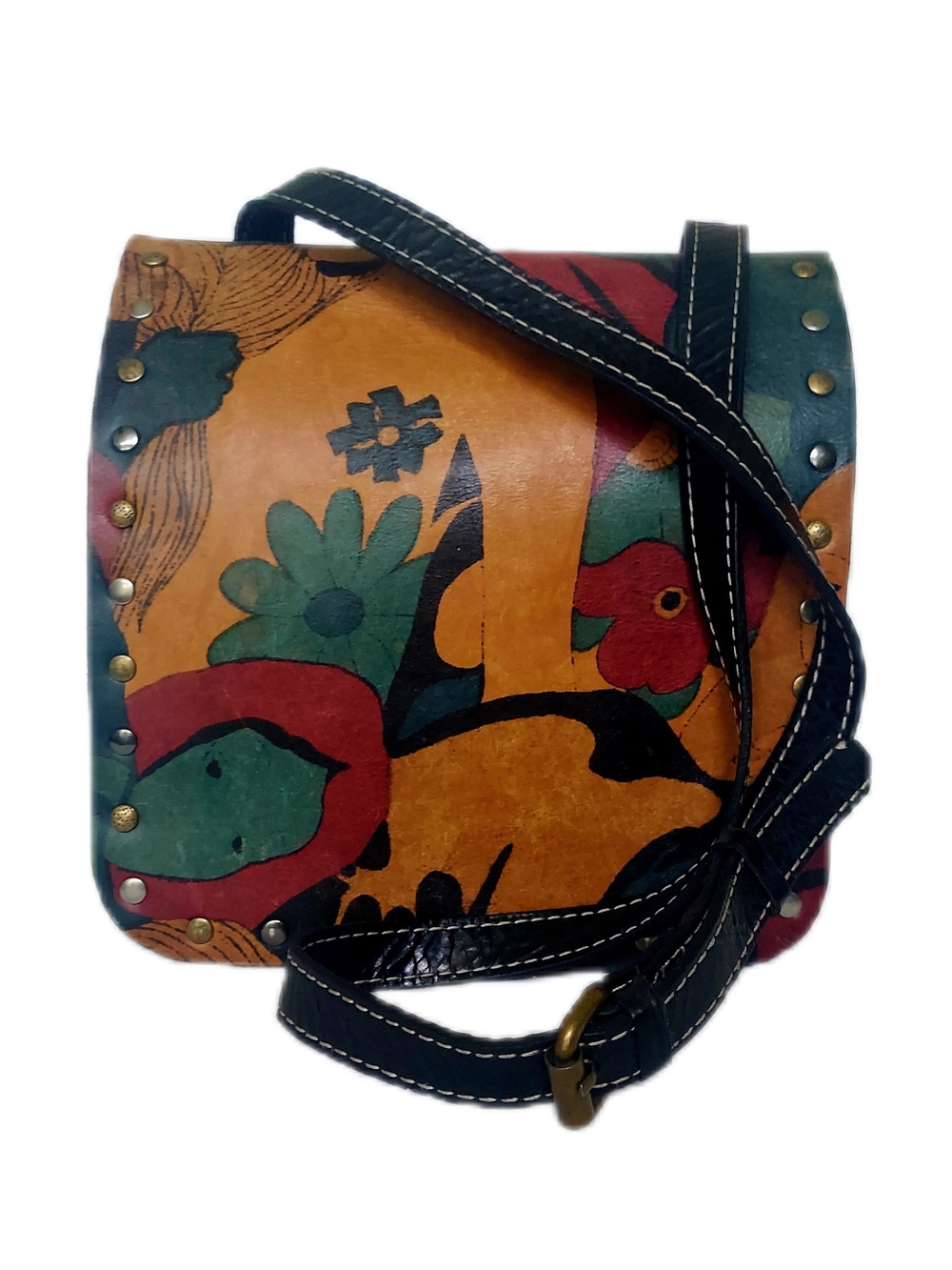 PATRICIA NASH Studded Leather, Flap Crossbody w Painted Mural Motif